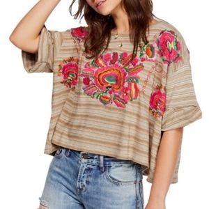 Free People Floral Embroidered Catalunya Striped Cuffed Sleeves Tee Size…
